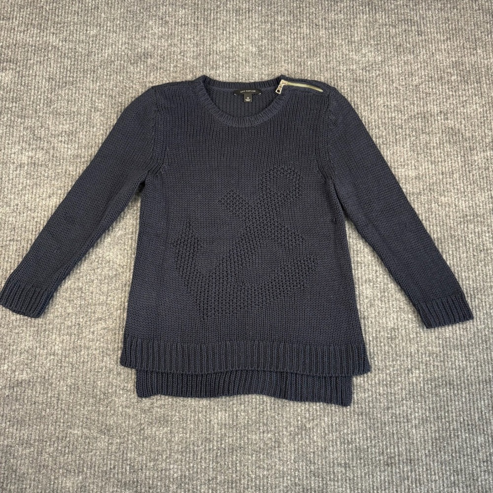 Ann Taylor Sweater Womens M Cotton Anchor Nautical Shoulder Zip Navy High Low